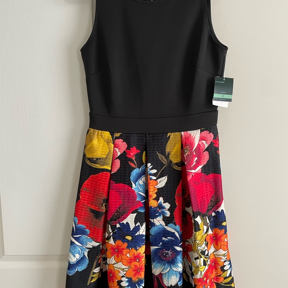 Gabby Skye Black and Red Pleated Fit and Flare Dress